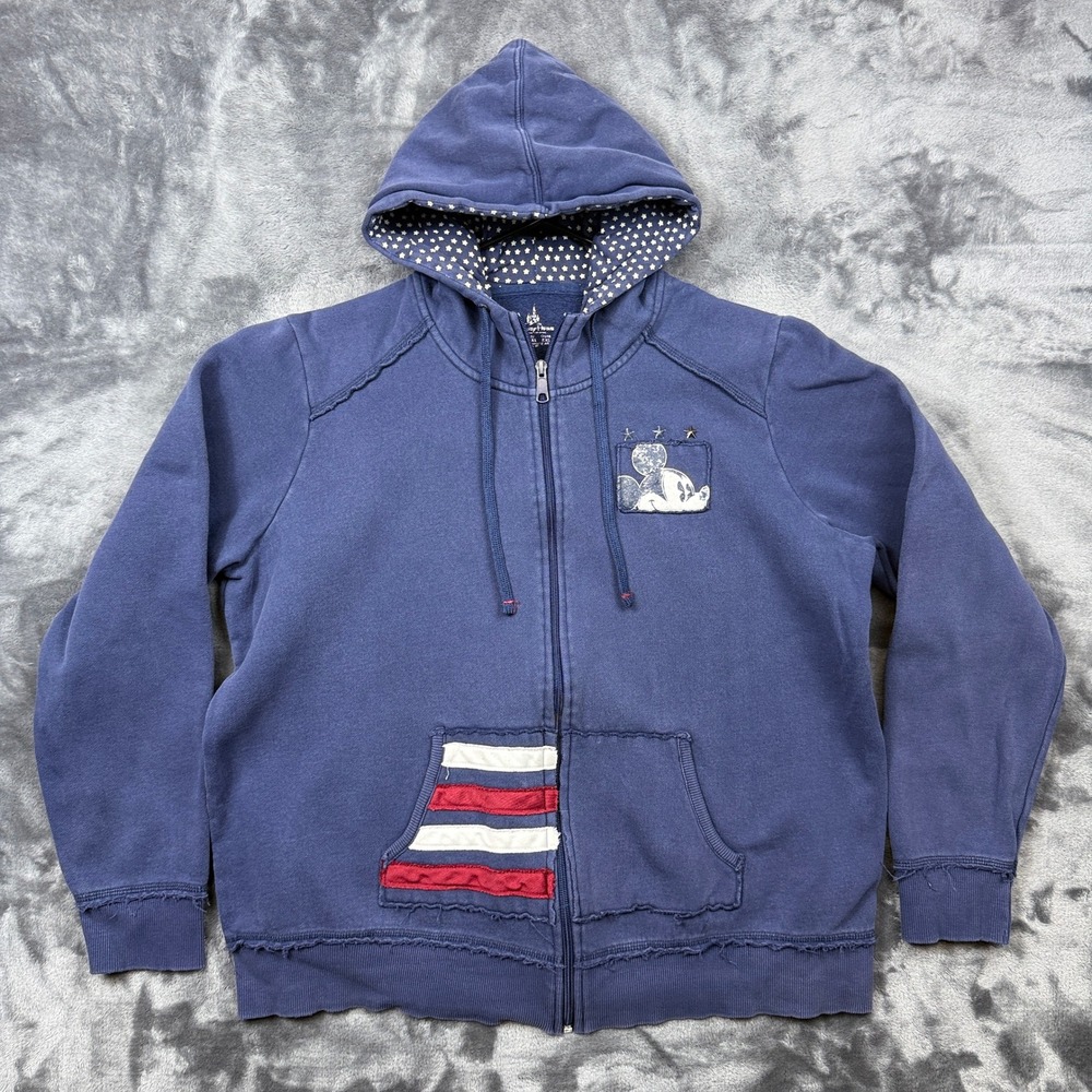 Disney Parks Mickey Mouse Hoodie Women XL Navy Blue Full Zip Distressed Stars